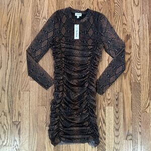 The Drop Brown Snake-Print Ruched Long-Sleeve Dress